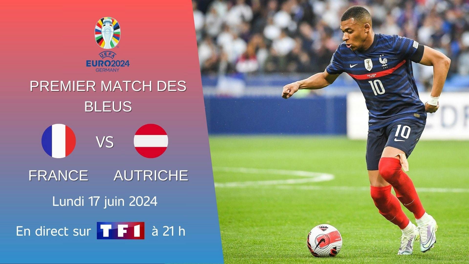photographie du joueur français Kylian Mbappé avec du texte qui indique le lieu, la date et la chaîne de diffusion du premier match de l’équipe de France à l’Euro 2024.