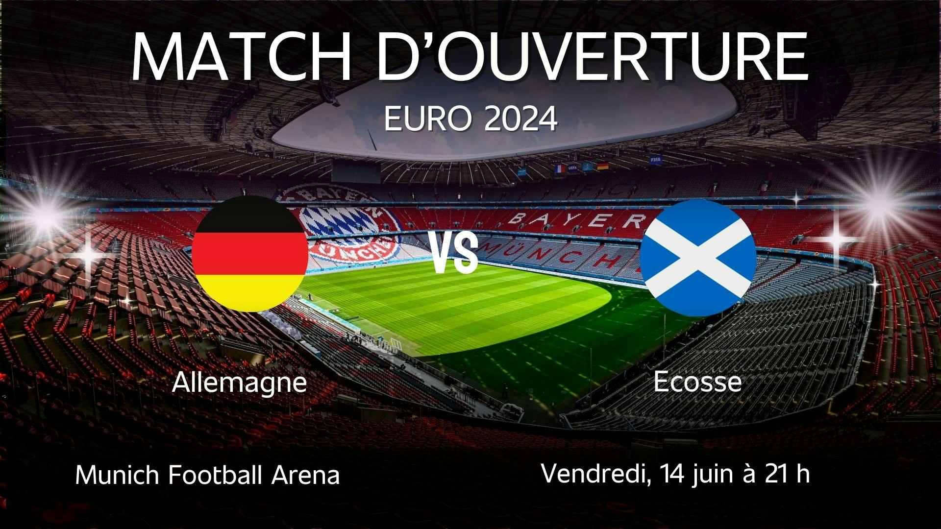 affiche du match d’ouverture de l’Euro 2024 avec une photo du stade de Munich à l’arrière plan