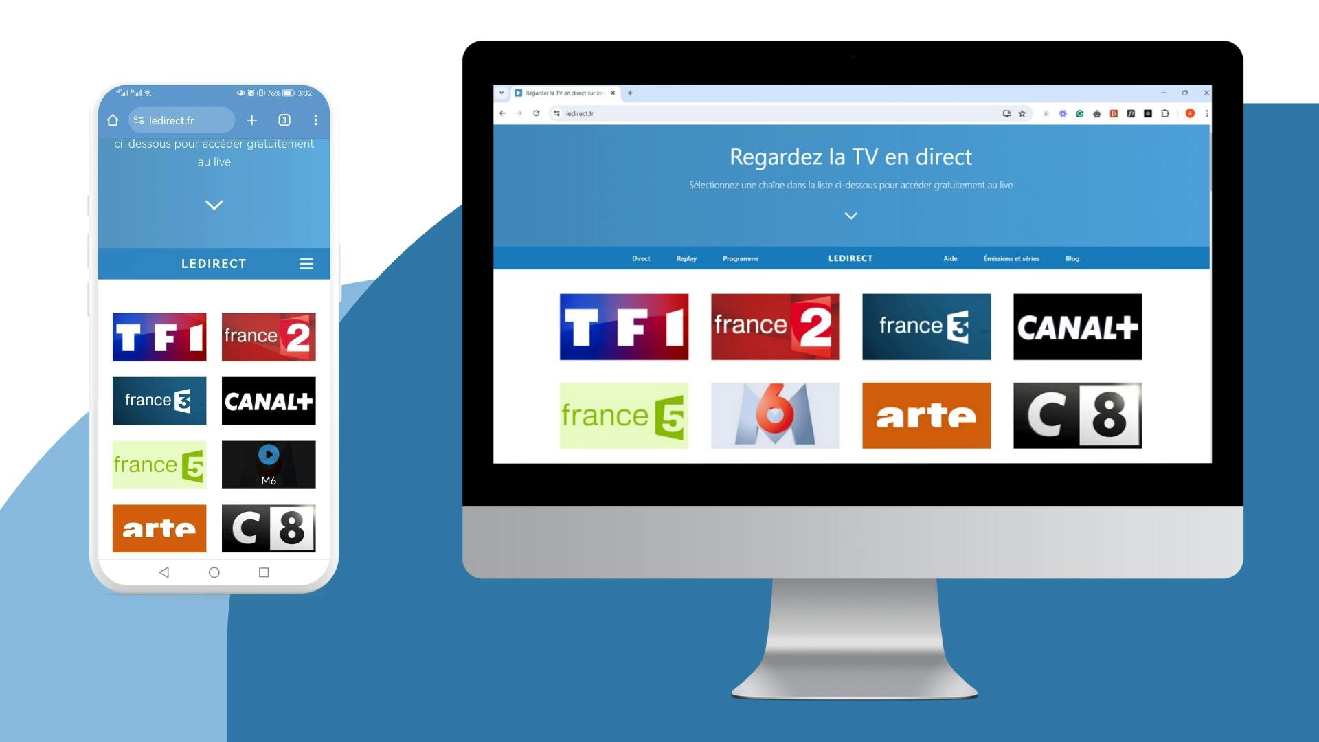 image avec un écran d’ordinateur et un écran mobile montrant la page d’accueil du site LeDirect.fr