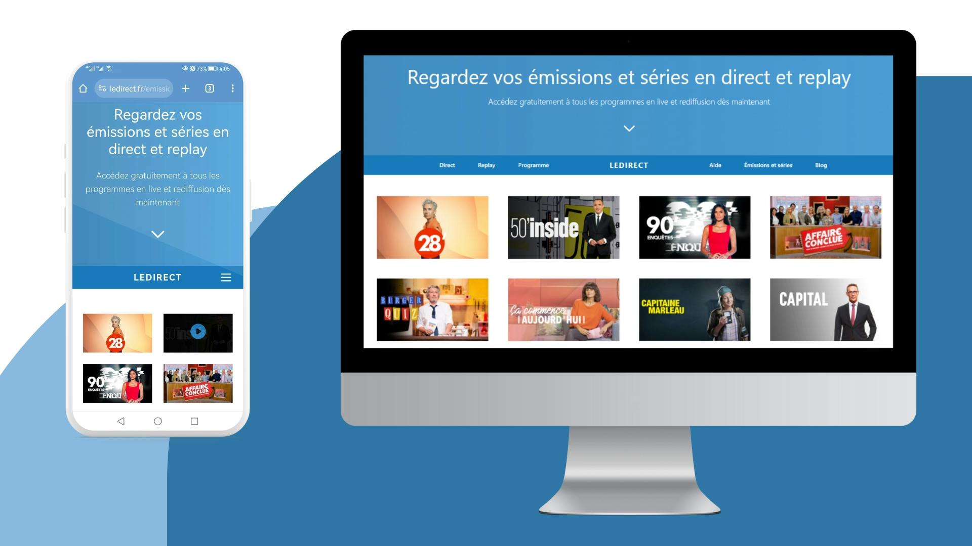 image avec un écran d’ordinateur et un écran mobile montrant la page émissions et séries du site LeDirect.fr