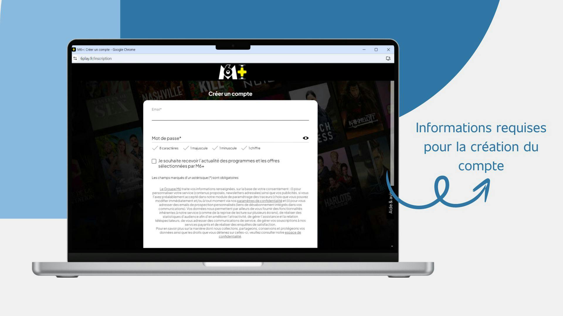 image d’un ordinateur affichant les informations requises pour créer un compte sur M6+