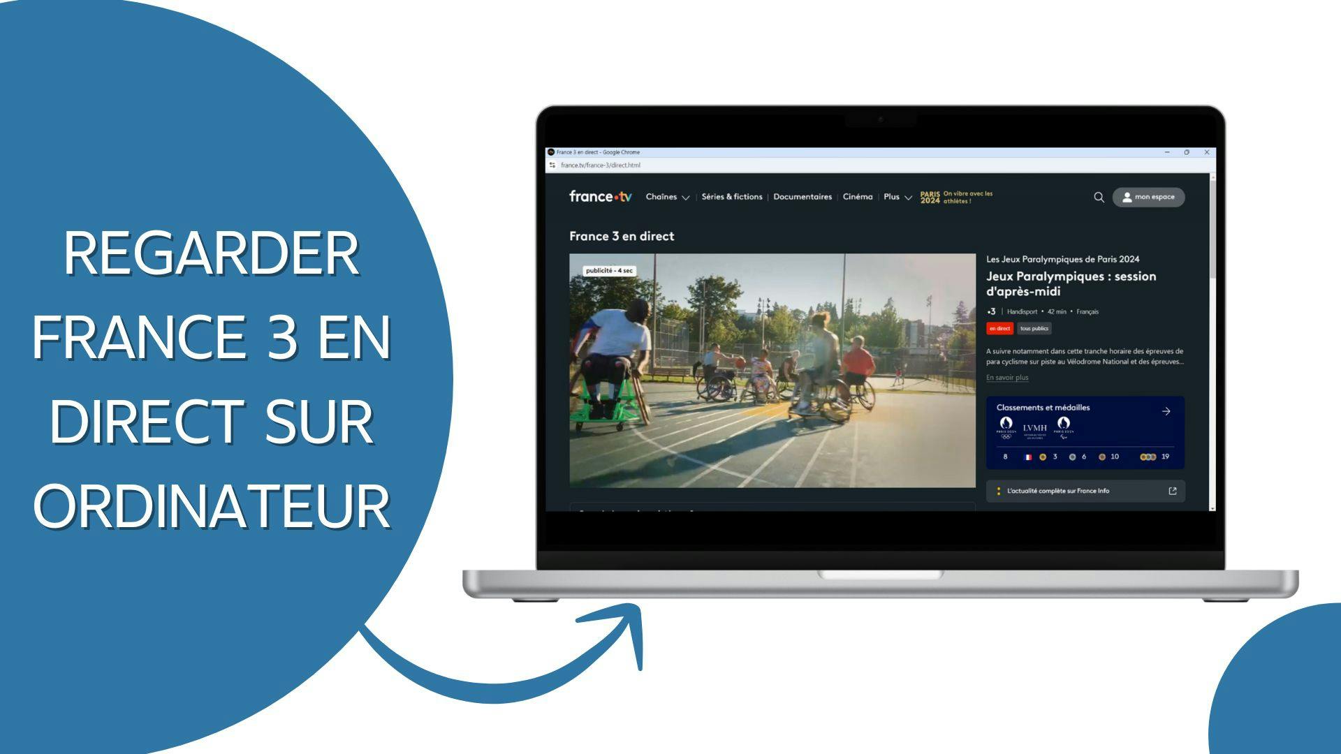 image d’un ordinateur montrant le direct de France 3 sur la plateforme france.tv