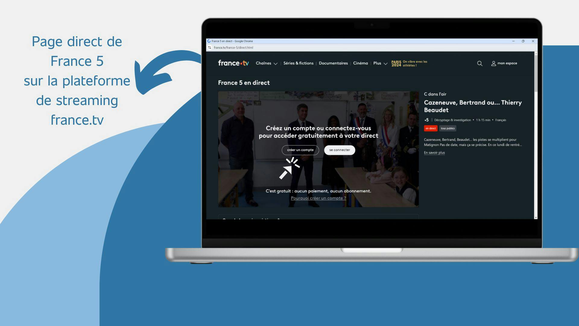 image d’un ordinateur qui affiche le lecteur direct de France 5 sur la plateforme france.tv