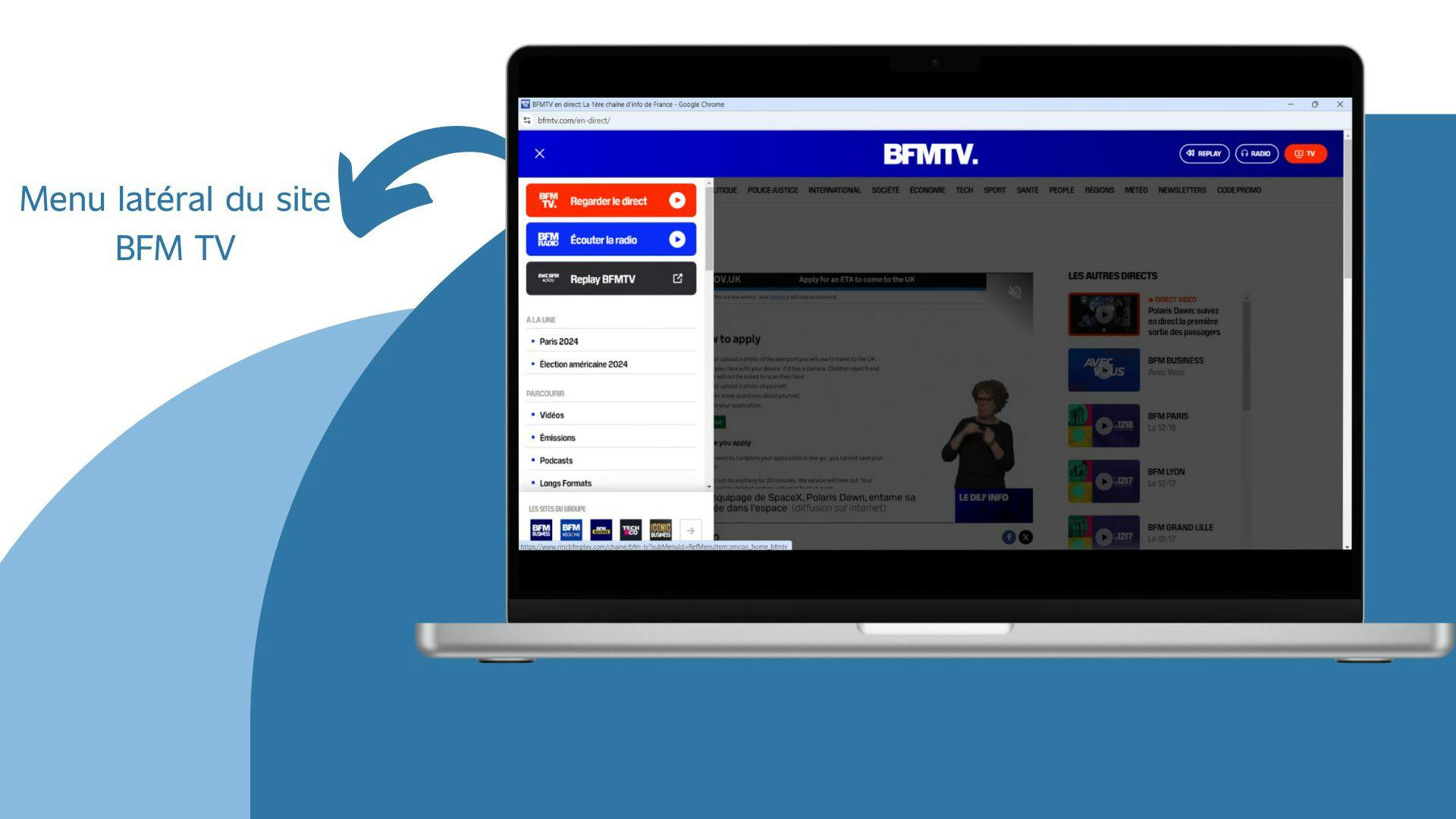 image d’un ordinateur qui affiche le menu latéral du site BFM TV