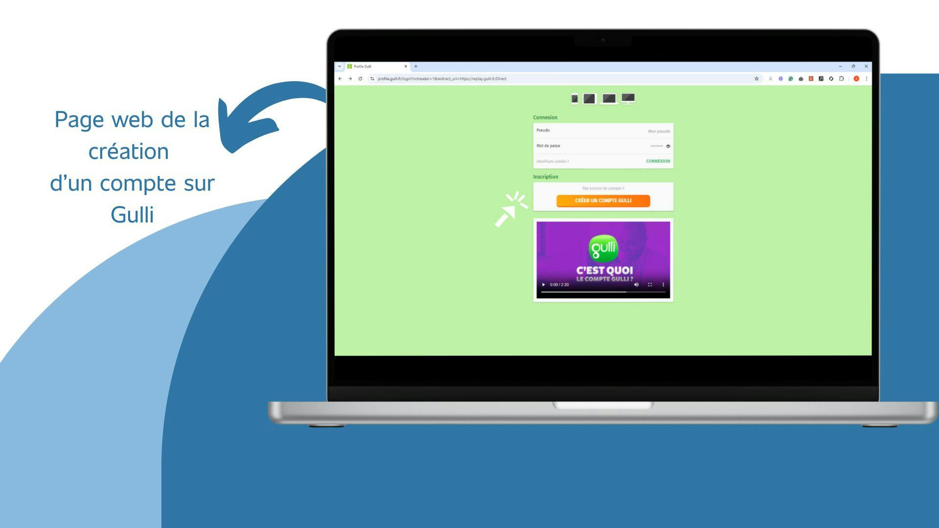 image d’un ordinateur montrant la page web qui permet de créer un compte sur Gulli