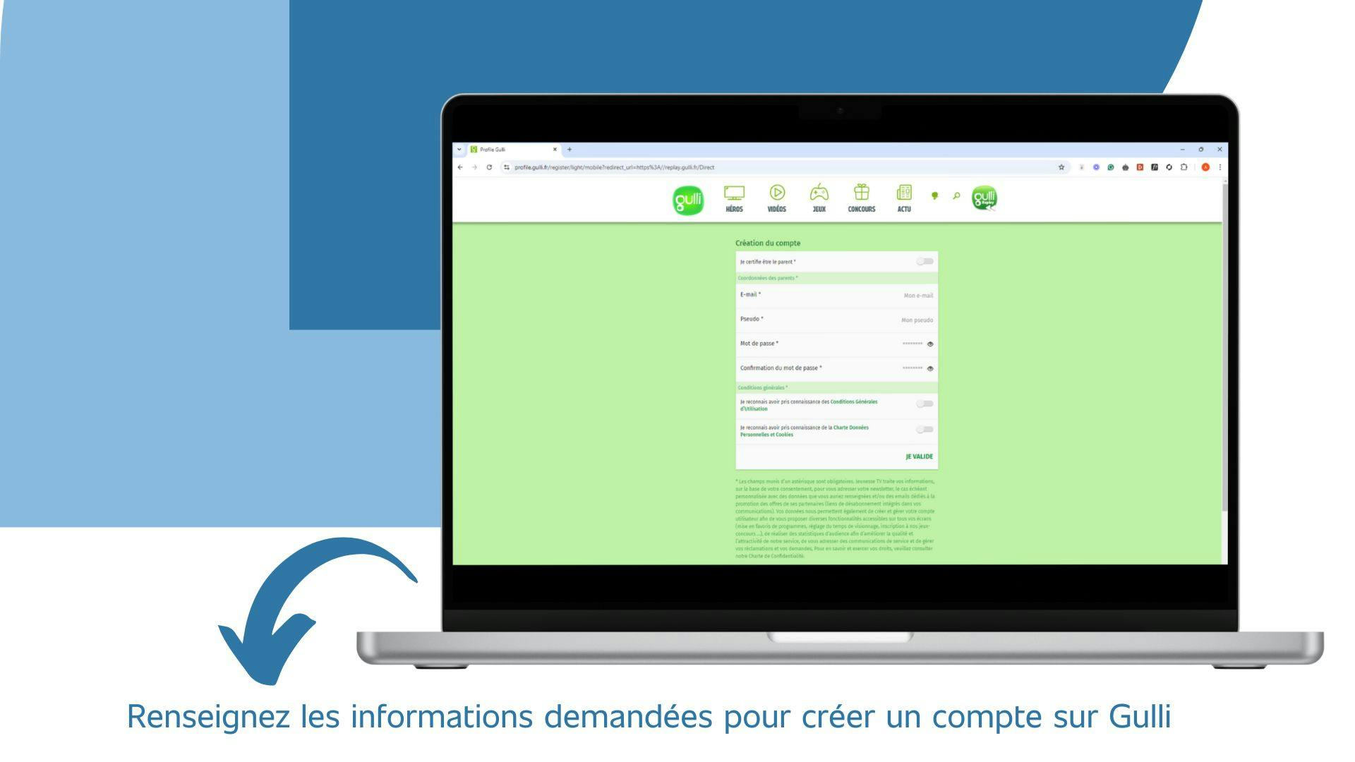 image d’un ordinateur montrant le formulaire à remplir pour créer un compte sur Gulli