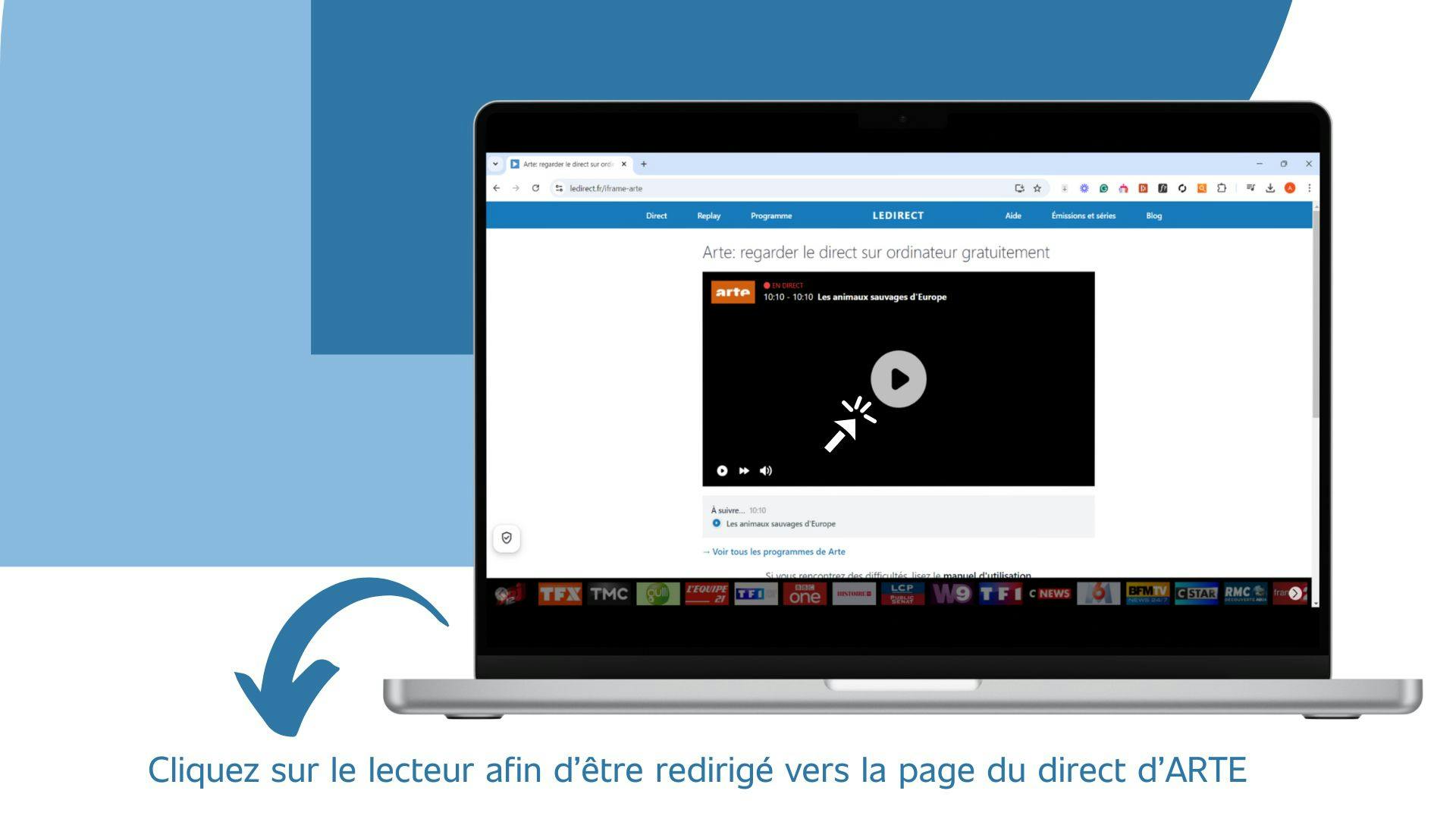 image d’un ordinateur affichant la page qui permet d’accéder au direct de la chaîne Arte