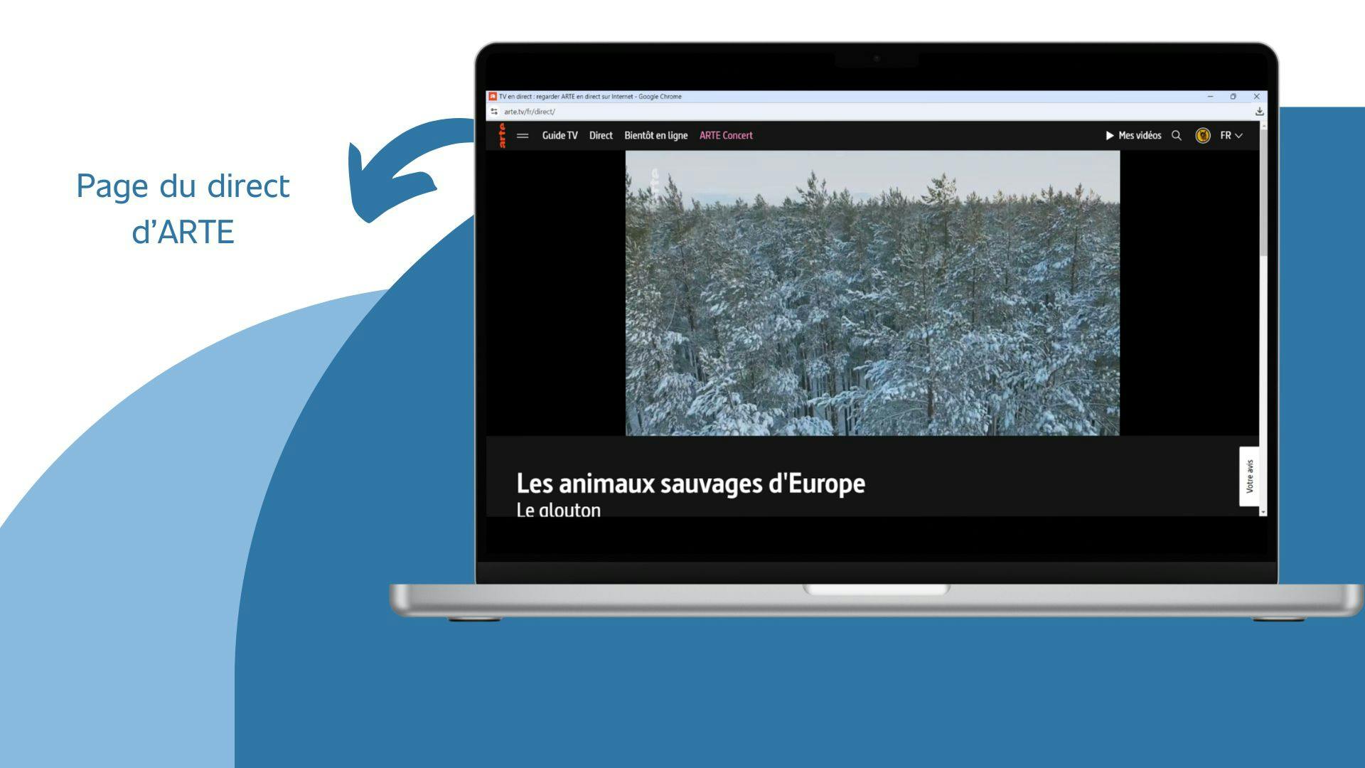 image d’un ordinateur qui affiche la page de la plateforme de streaming qui permet de regarder ARTE en direct