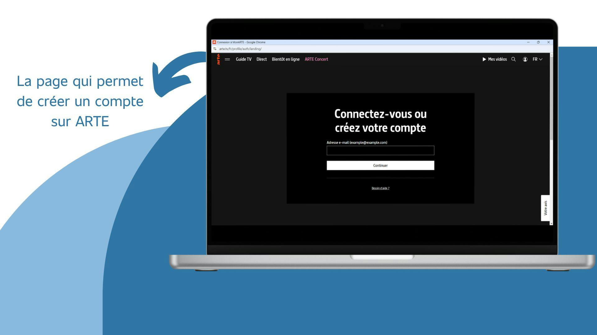 image d’un ordinateur qui affiche la page qui permet de créer un compte sur Arte