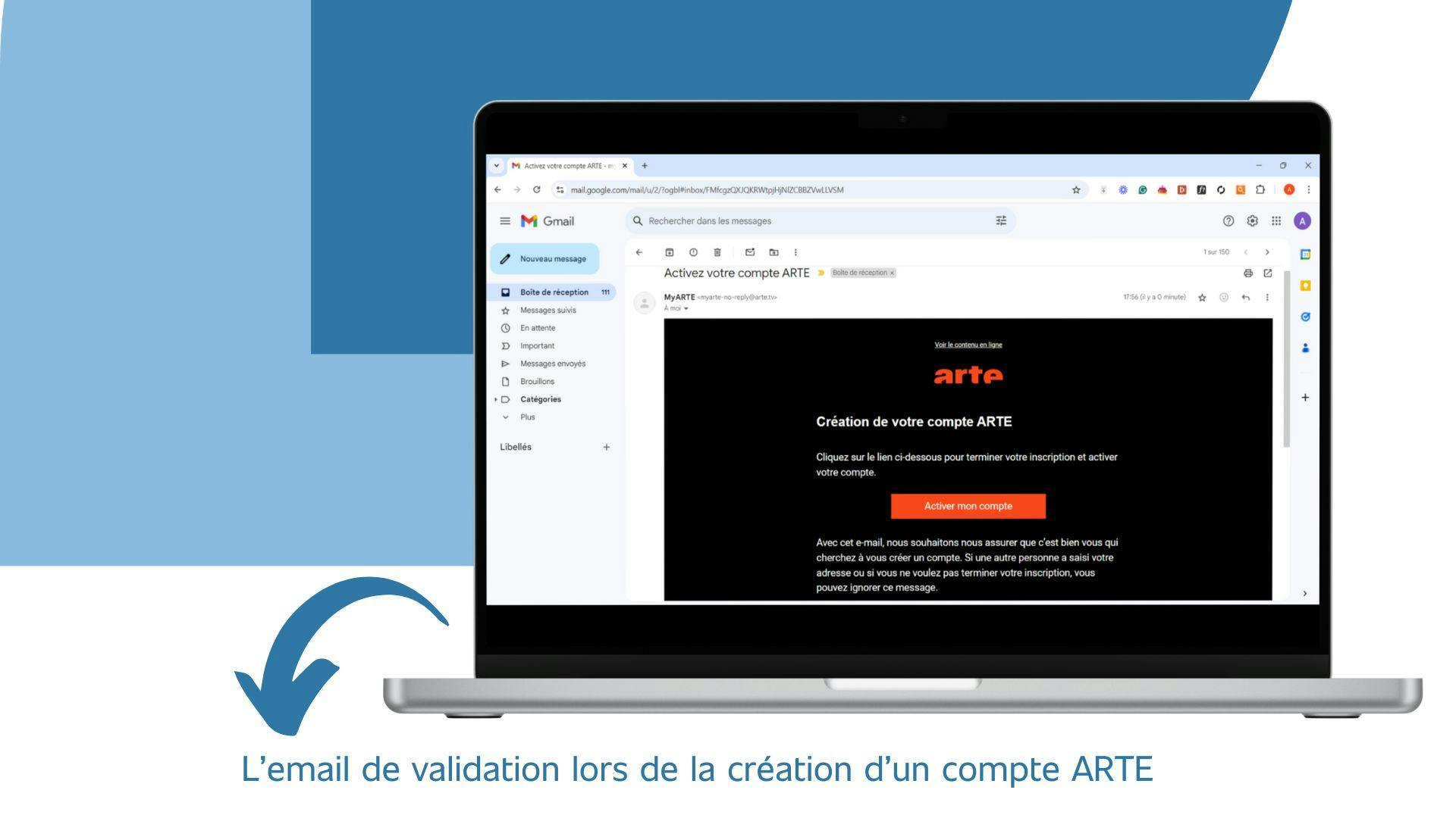 image d’un ordinateur qui affiche l’email d’activation du compte Arte