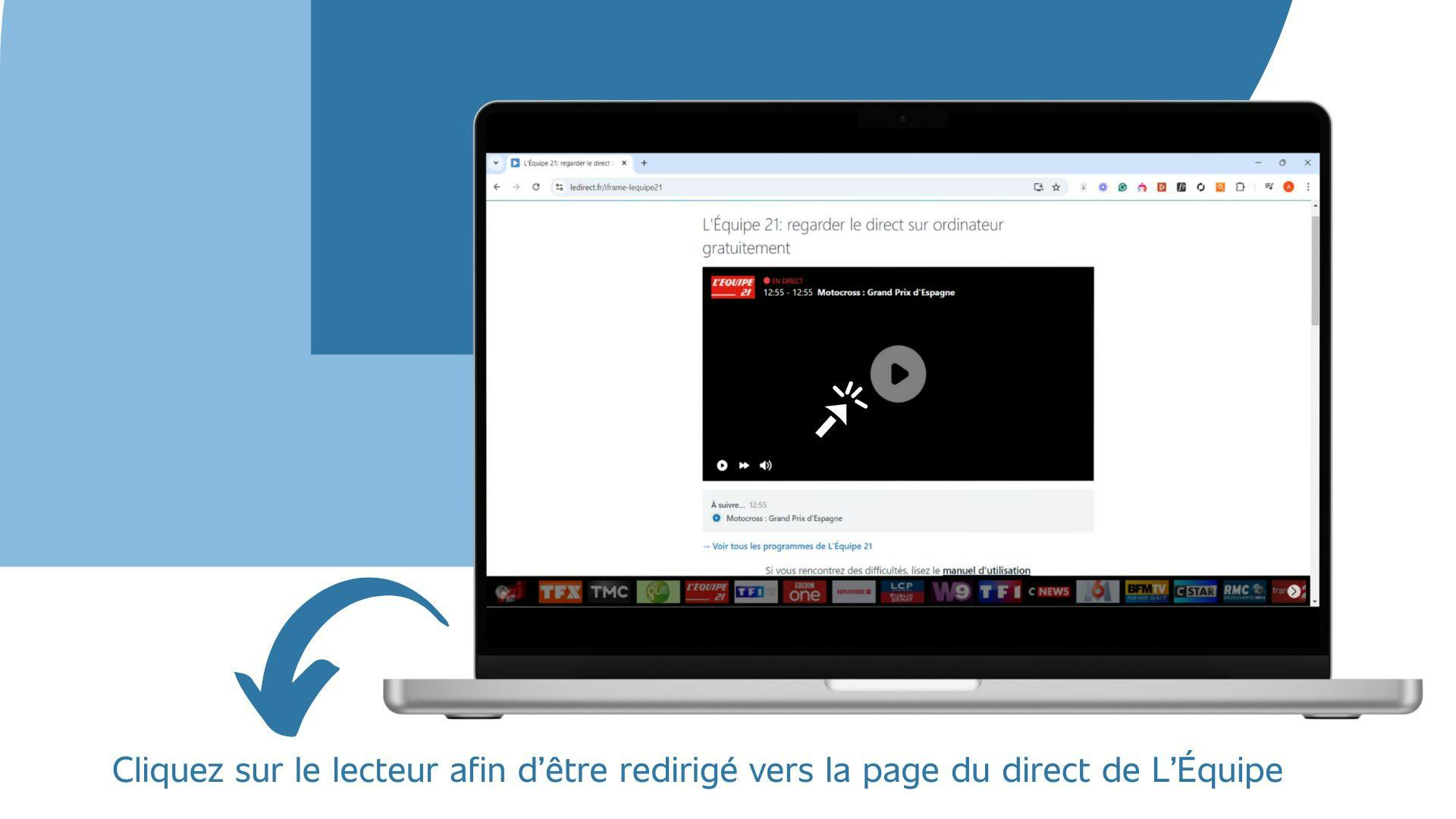 image d’un ordinateur qui affiche la page qui permet d’accéder au direct de la chaîne L'Équipe