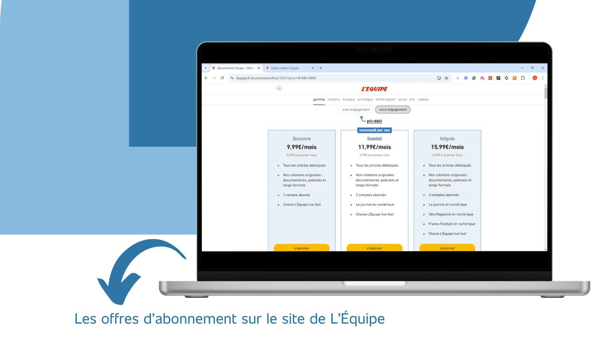 image d’un ordinateur qui affiche les offres d’abonnement de la chaîne L’Équipe