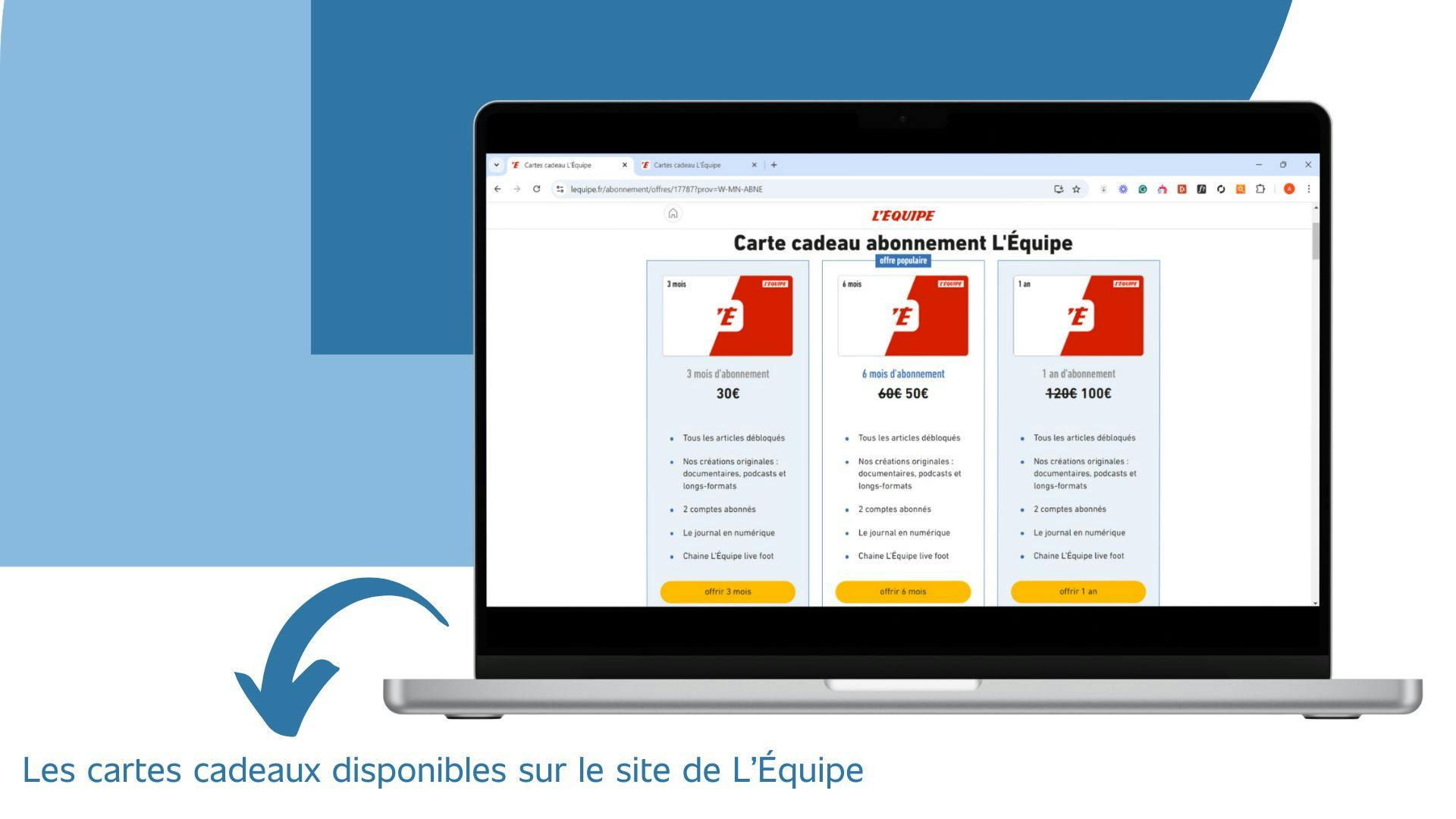 image d’un ordinateur affichant les cartes cadeaux disponibles sur le site de la chaîne L’Équipe