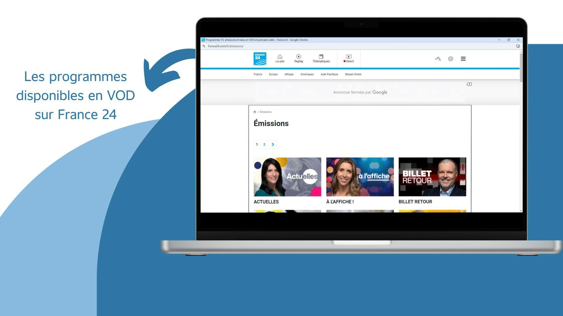image d’un ordinateur qui affiche les programmes disponibles en VOD sur France 24