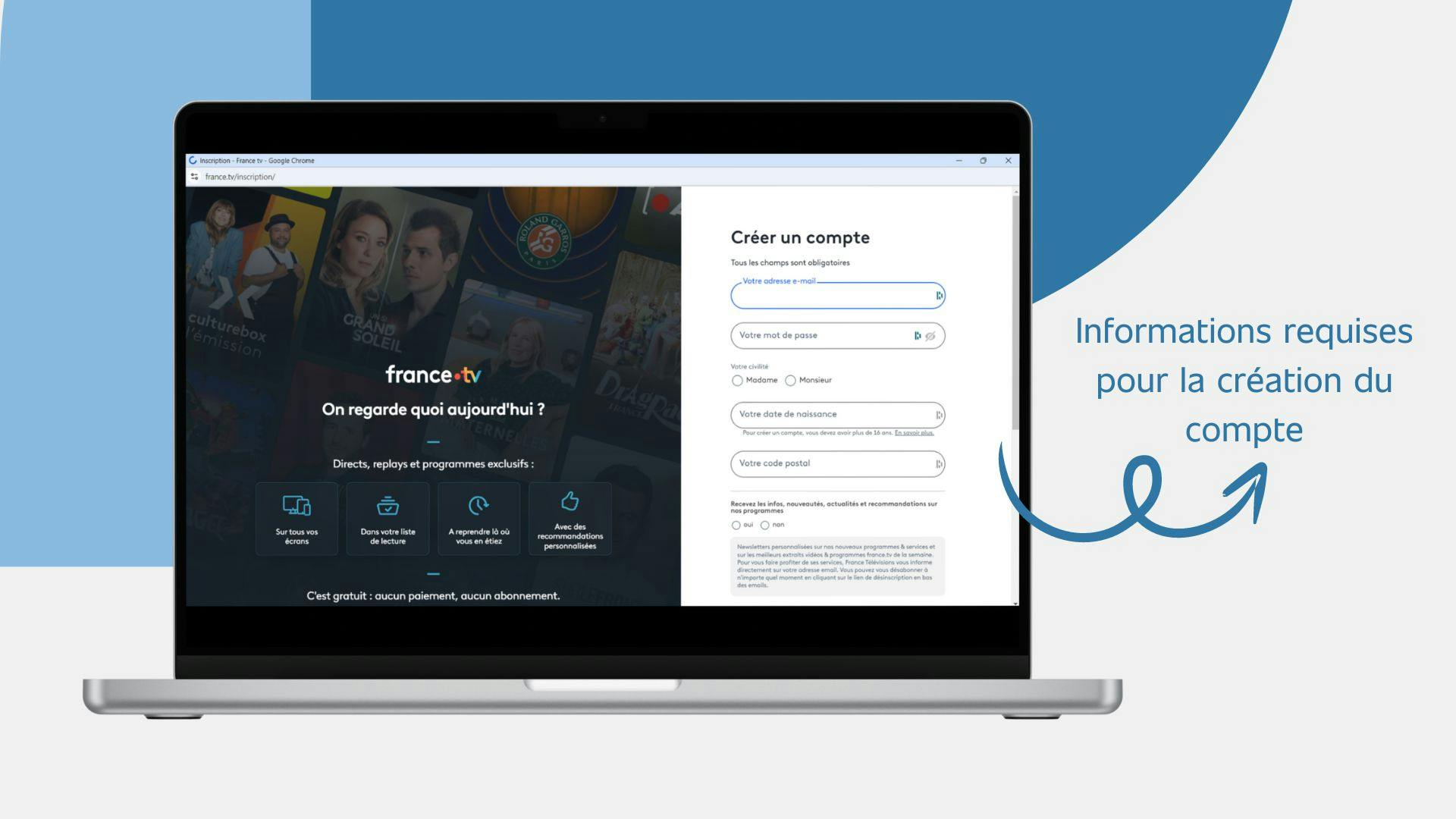 écran d’un ordinateur montant les informations requises pour créer un compte gratuit sur la plateforme france.tv