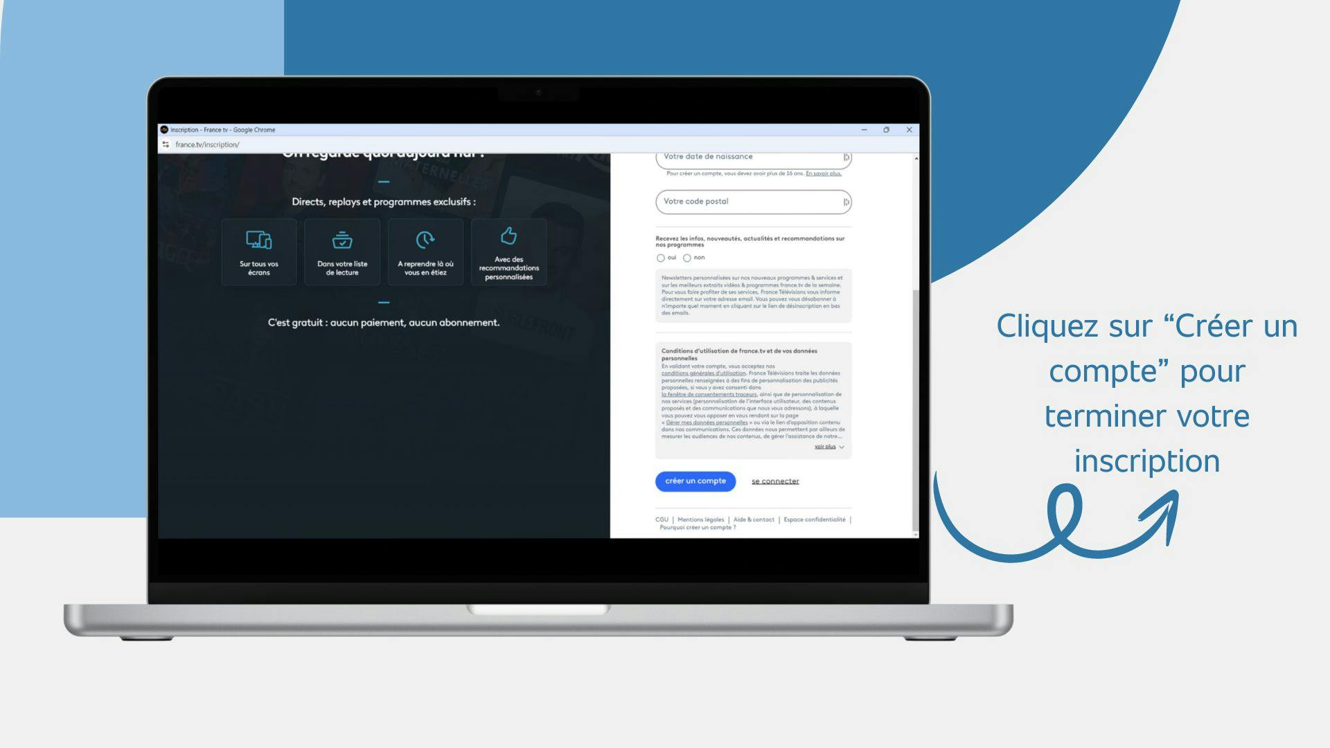 écran d’un ordinateur montant la phase de validation de l’inscription sur la plateforme france.tv
