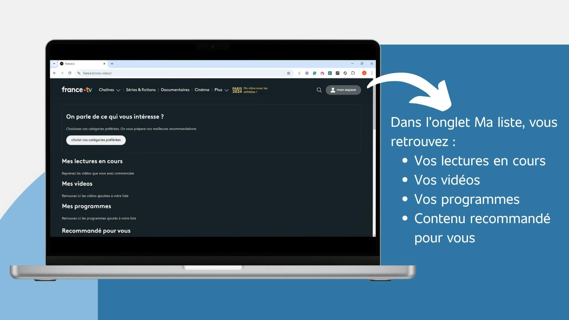 écran d’un ordinateur montant l’onglet “Ma liste” qu’on retrouve dans l’espace du compte d’utilisateur de france.tv
