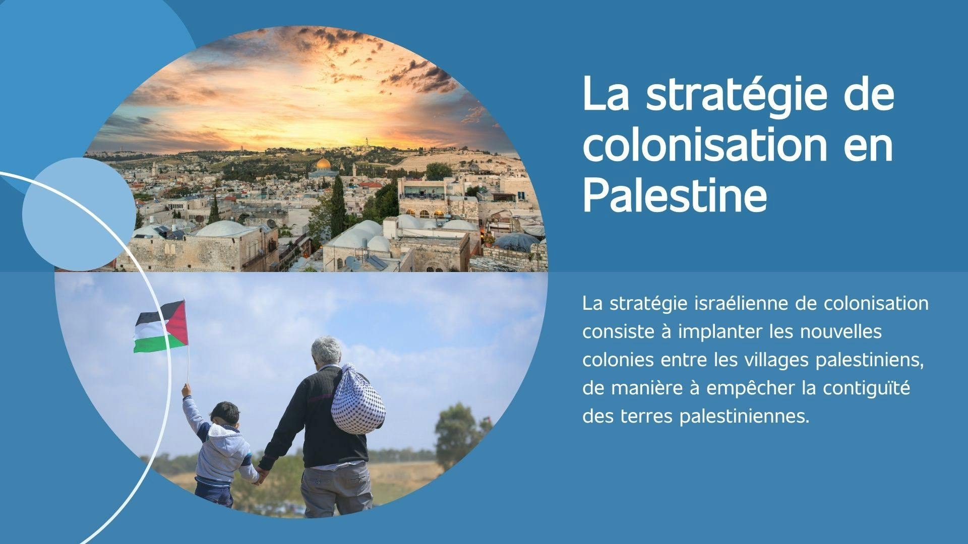 image montrant la définition de la stratégie de colonisation en Palestine et deux images, la première montrant une vue en Palestine et la deuxième un enfant tenant le drapeau palestinien avec son père