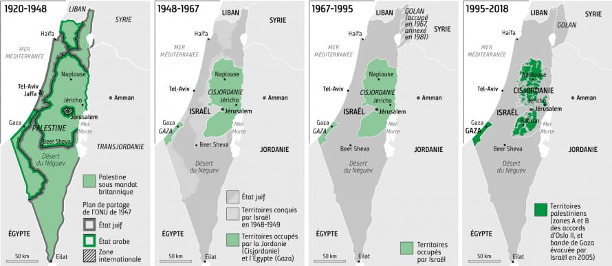 quatre cartes géographiques montrant l’évolution de la situation en Palestine face à l’occupation israélienne