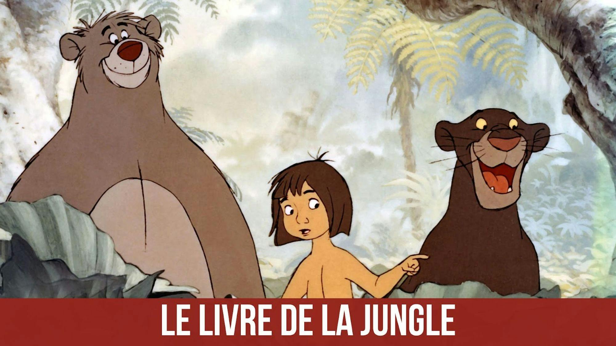 poster du film Le livre de la jungle avec un titre sur fond grenat