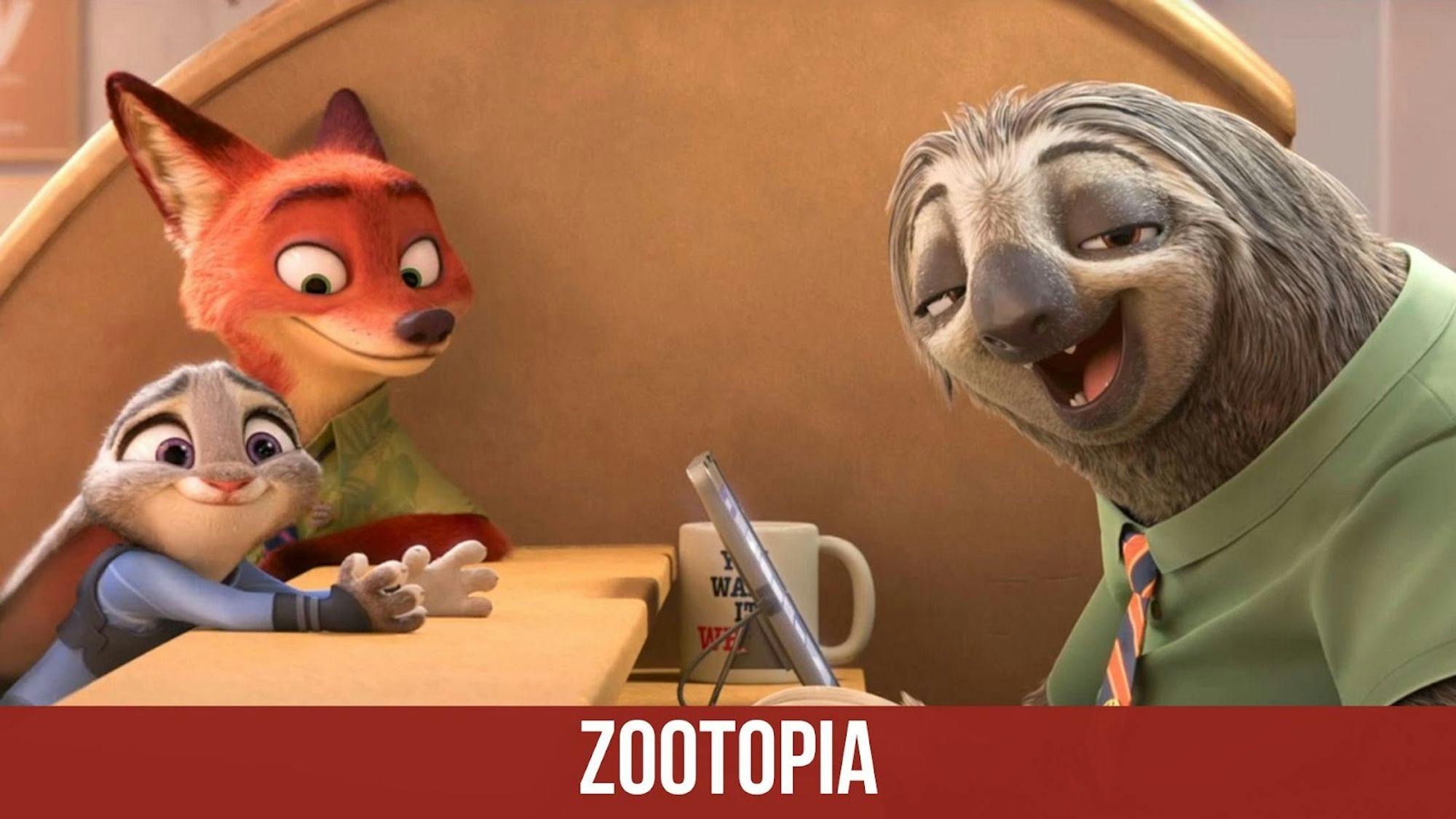 poster du film Zootopia avec un titre sur fond grenat