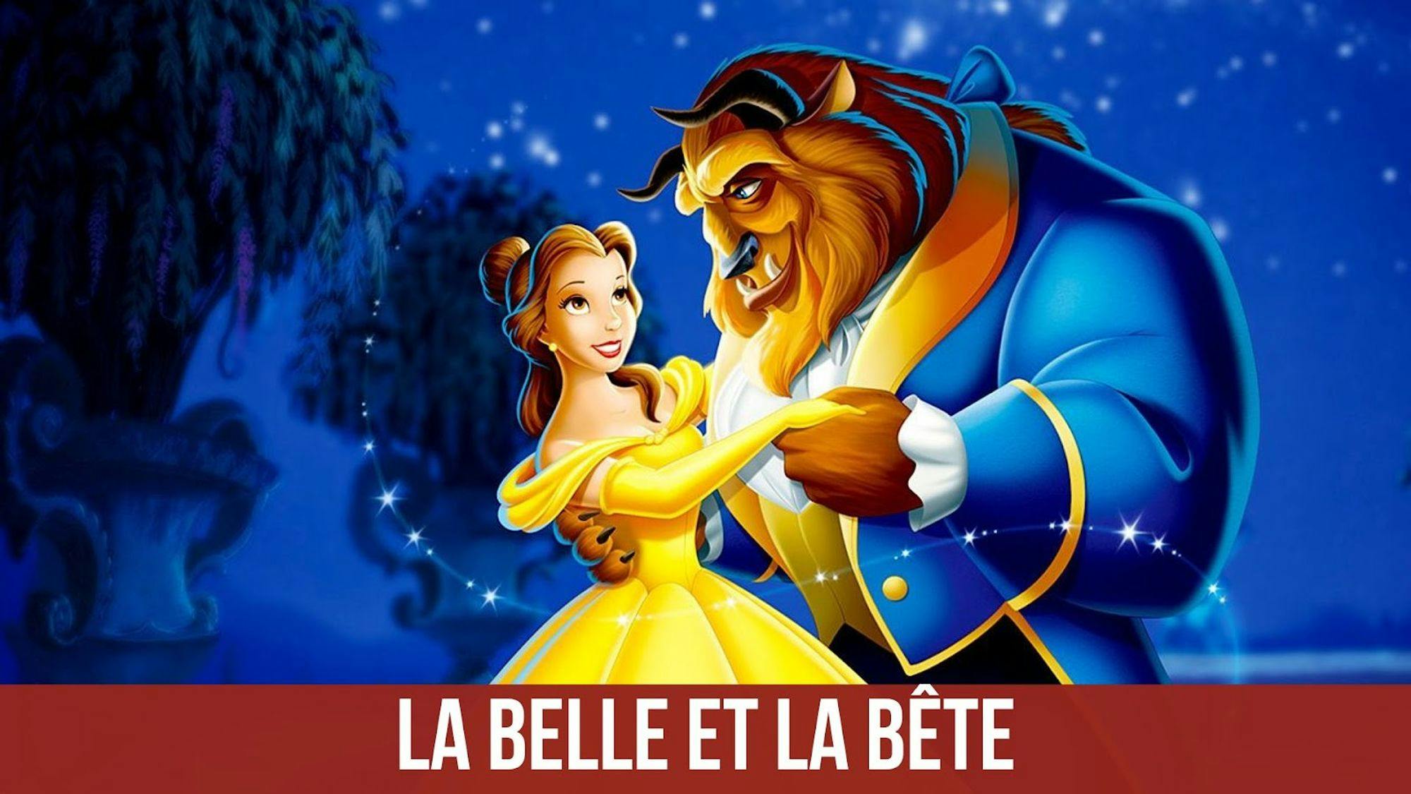 poster du film La Belle et la Bête avec un titre sur fond grenat