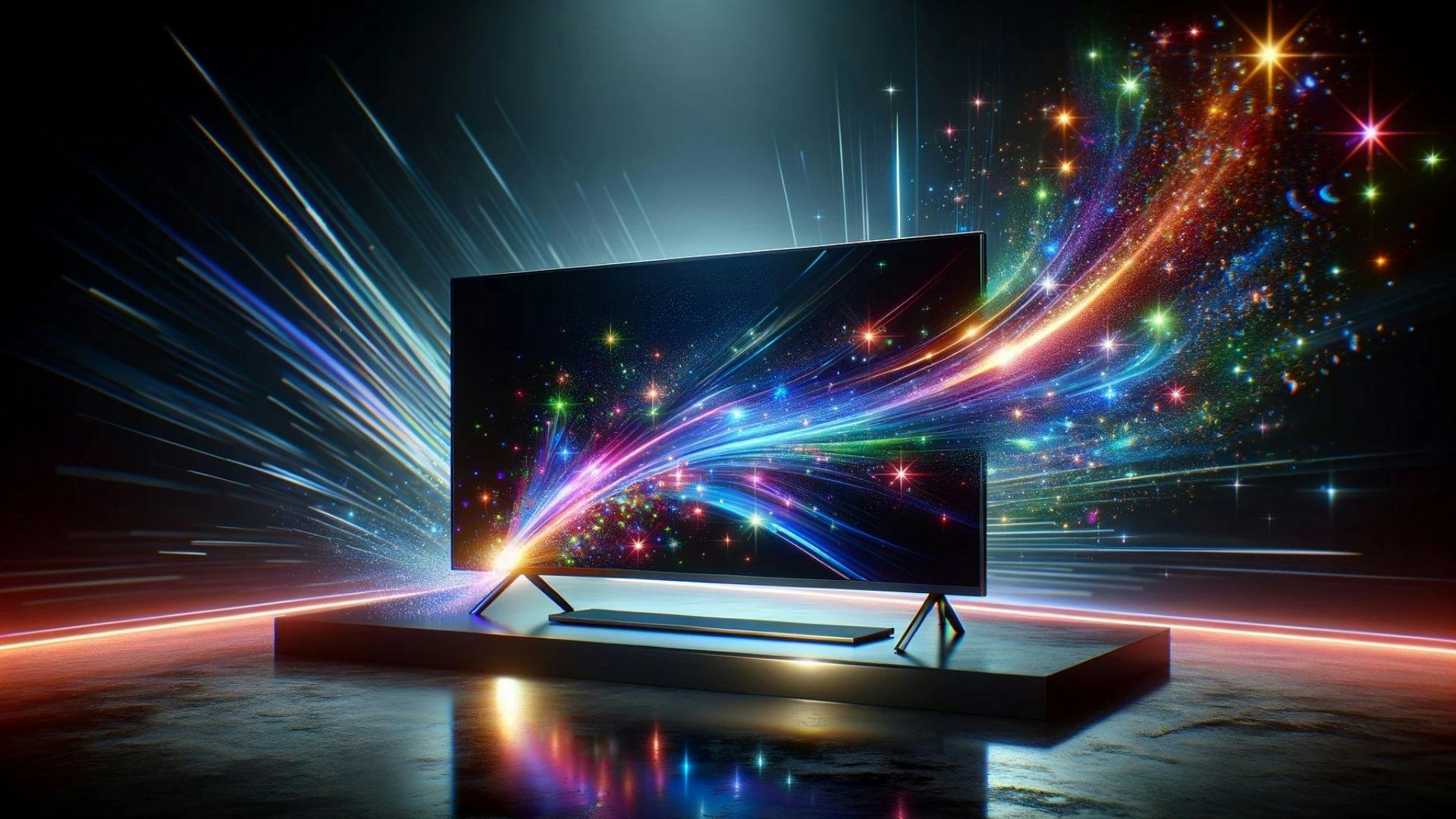 photo d’une télévision intelligente moderne et élégante posée sur un support, éclairée par des effets lumineux dynamiques et colorés qui suggèrent une technologie avancée et une ambiance futuriste