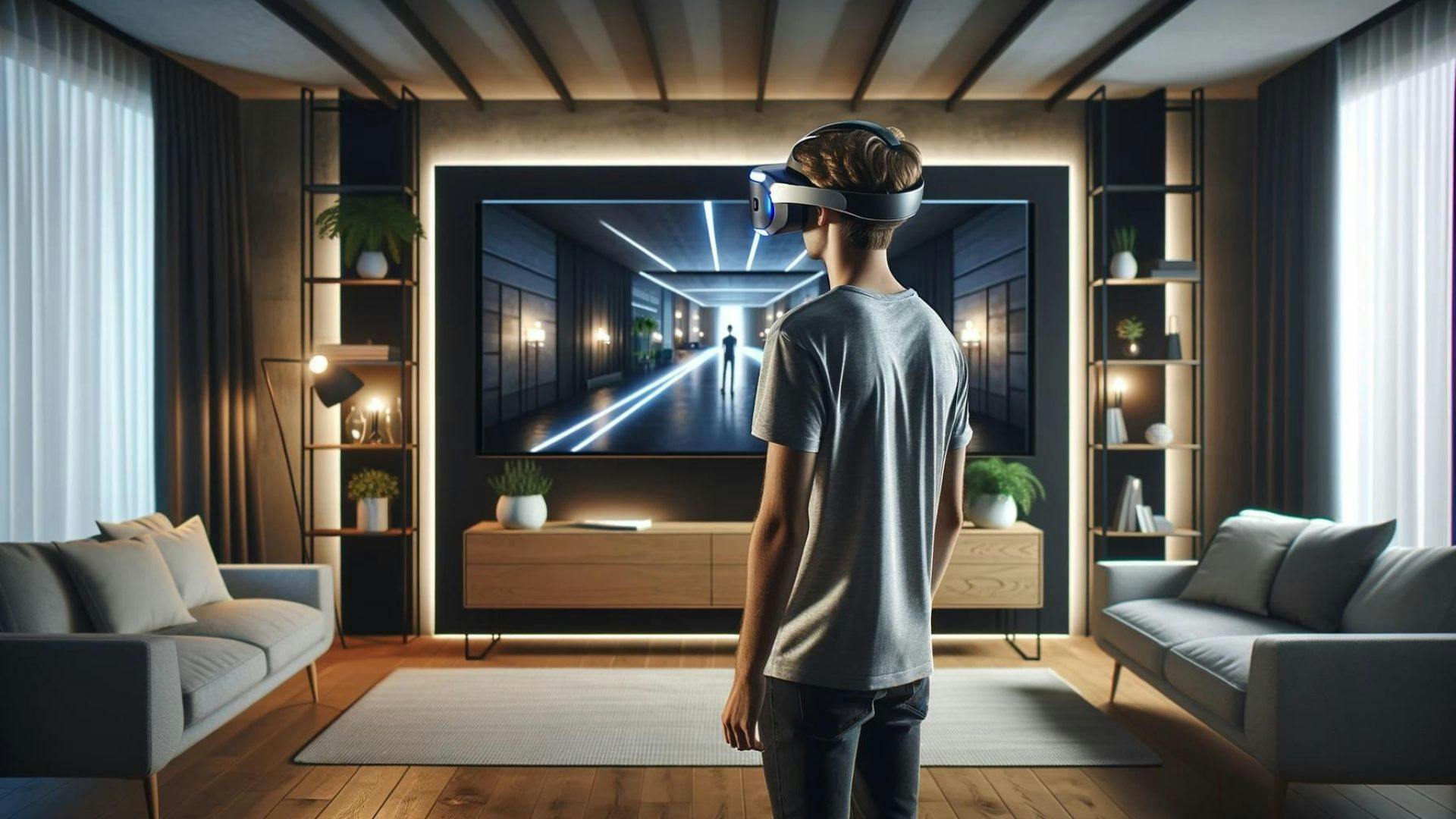 photo d’un individu qui porte un casque de réalité virtuelle en face d’une smart TV dans un salon