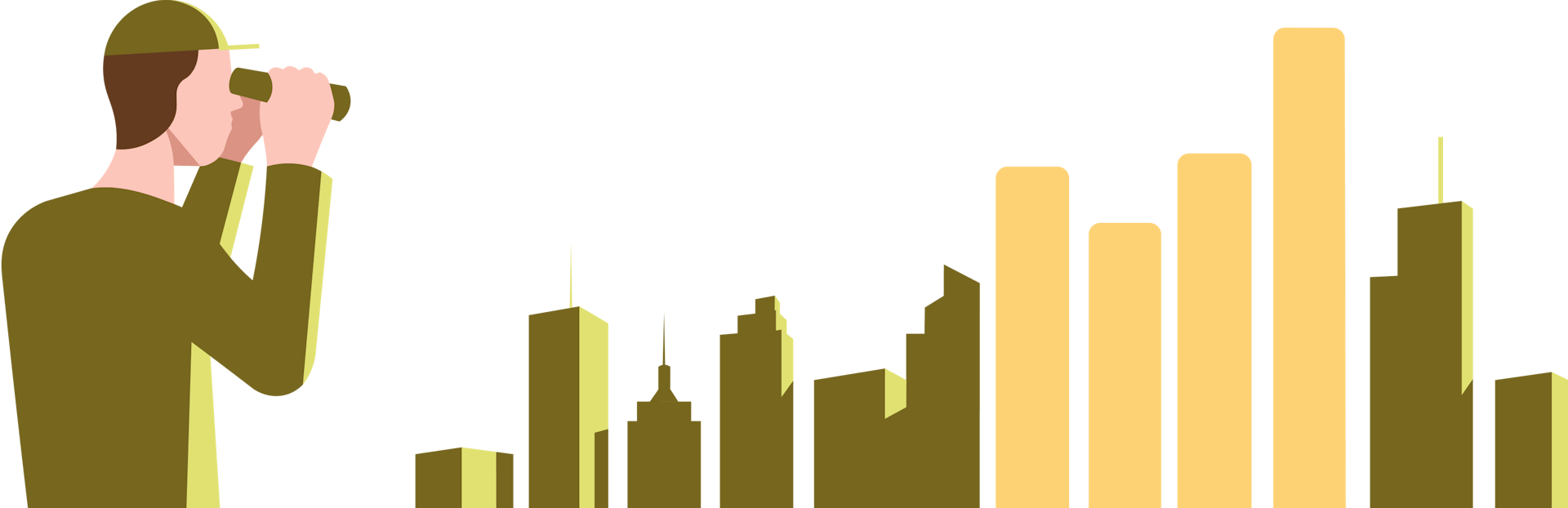 An illustration of a man with binoculars looking at a city skyline.