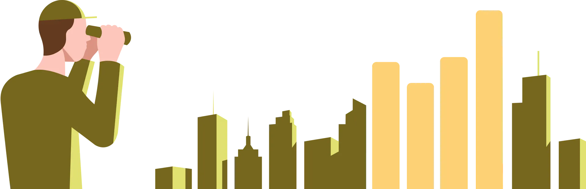 An illustration of a man with binoculars looking at a city skyline.