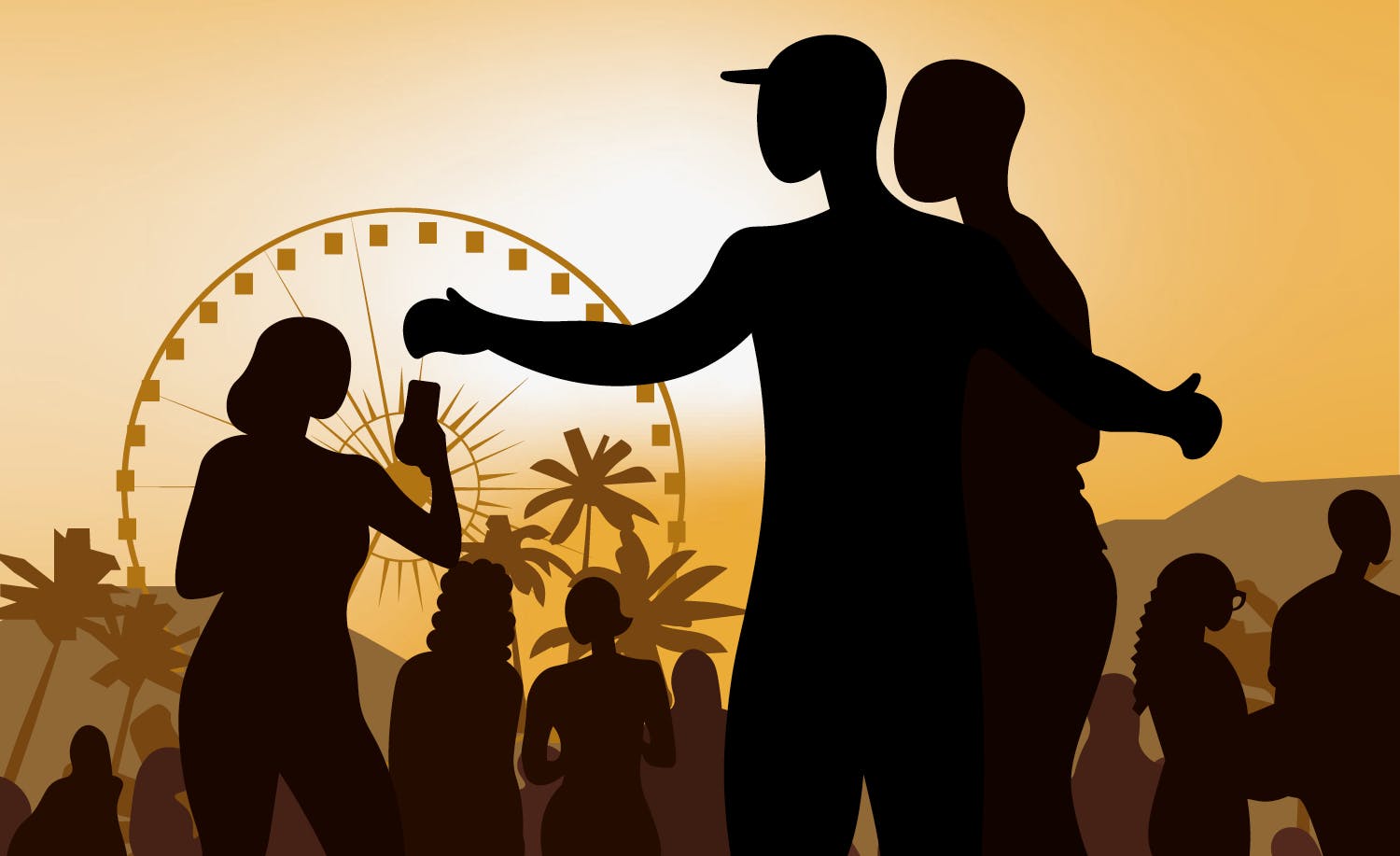 silhouettes of people at a festival.
