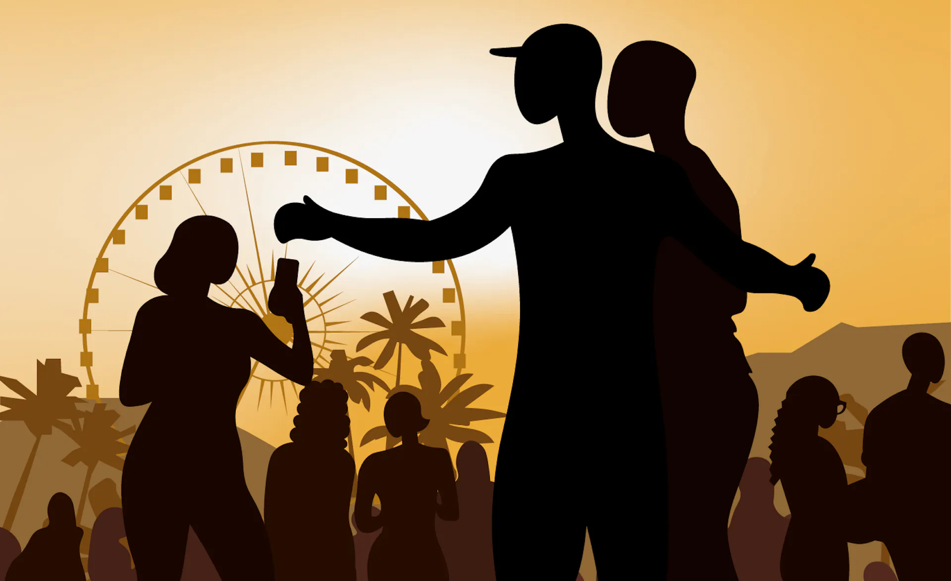 silhouettes of people at a festival.