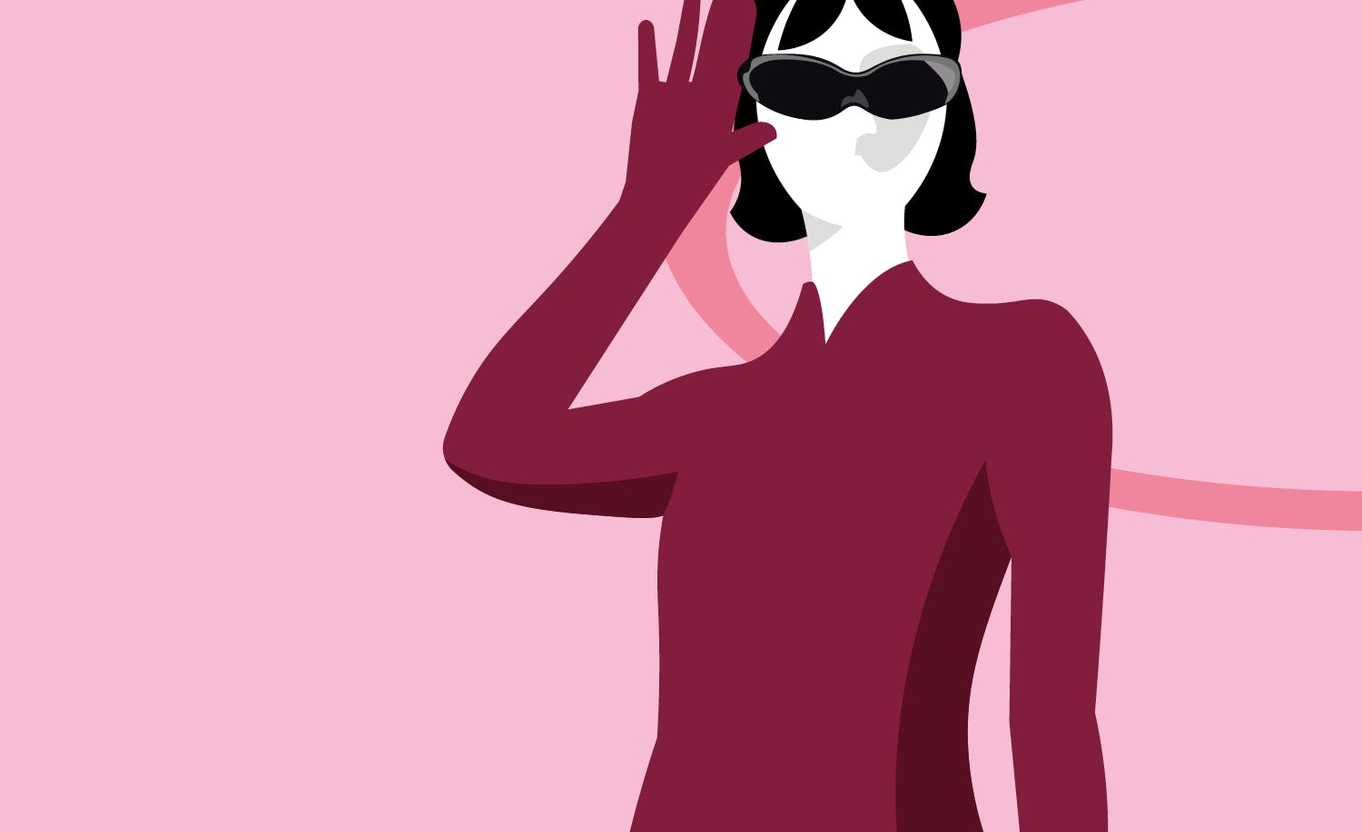 a woman in a red dress with sunglasses on her face.