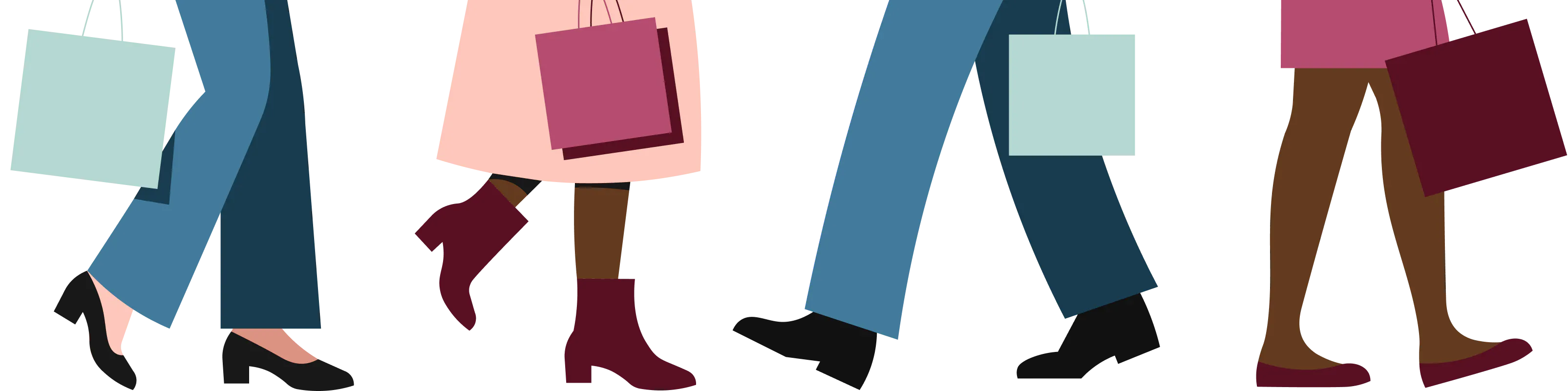 An illustration of different people walking with shopping bags.
