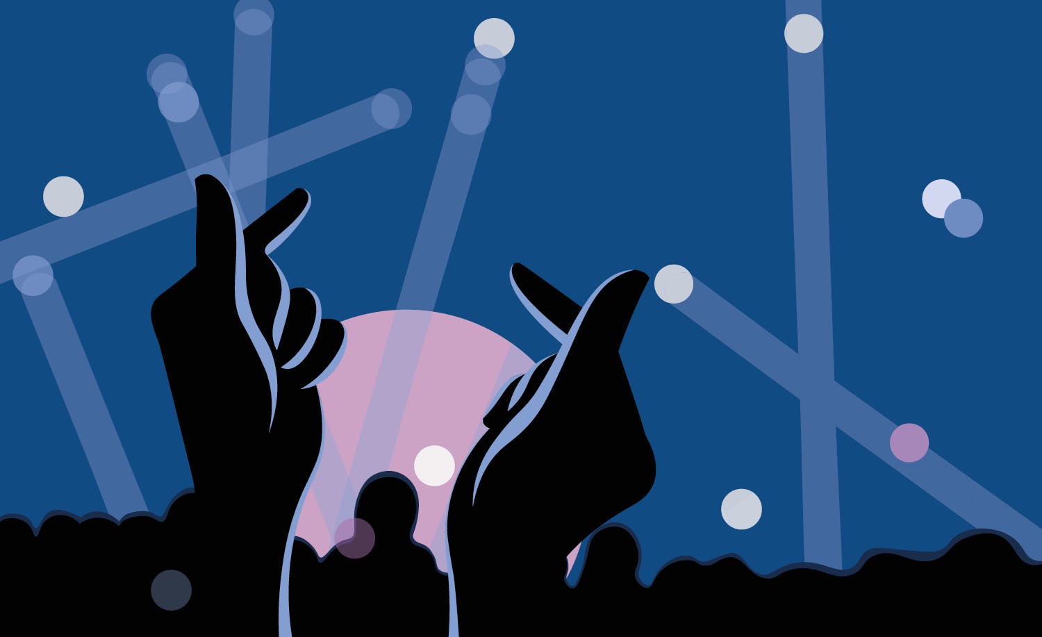 An illustration of hands making heart symbols at a concert.