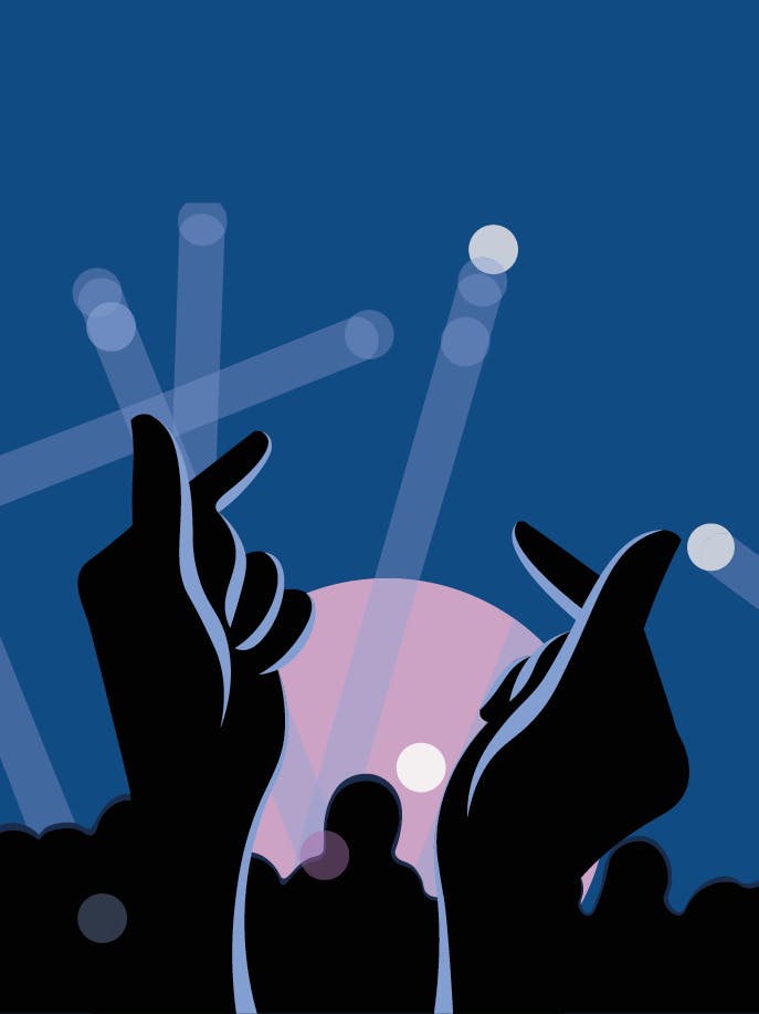 An illustration of hands making heart symbols at a concert.