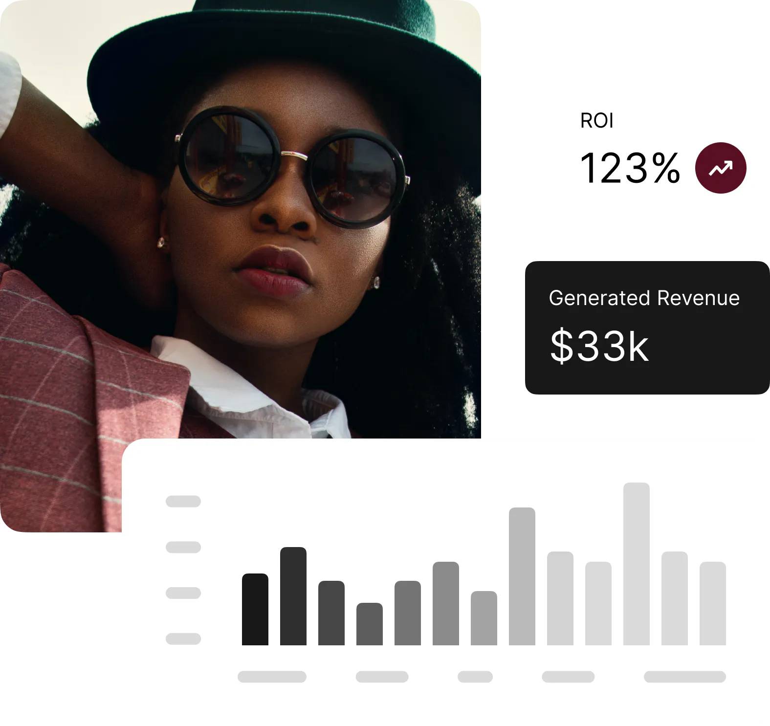 A picture of a woman with data charts