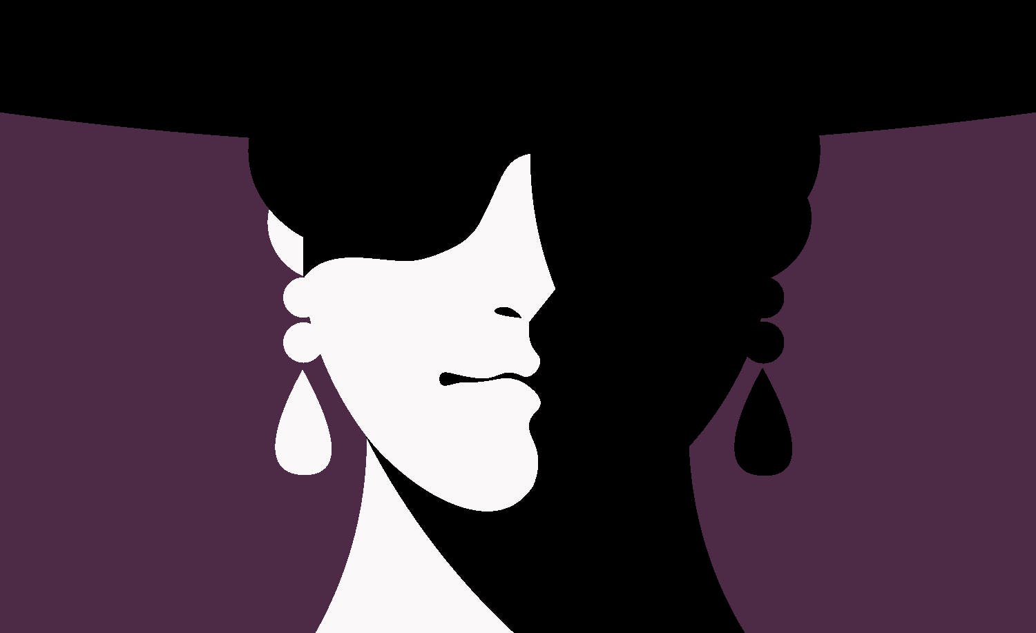 a silhouette of a woman wearing a hat and earrings.