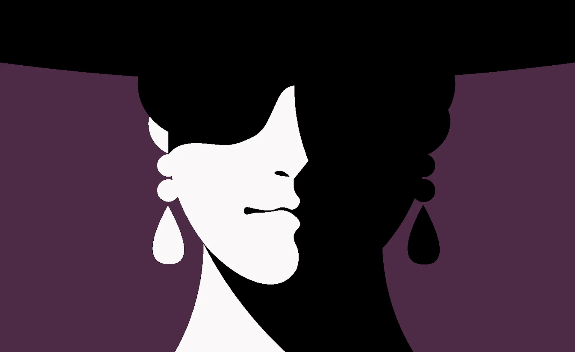 a silhouette of a woman wearing a hat and earrings.