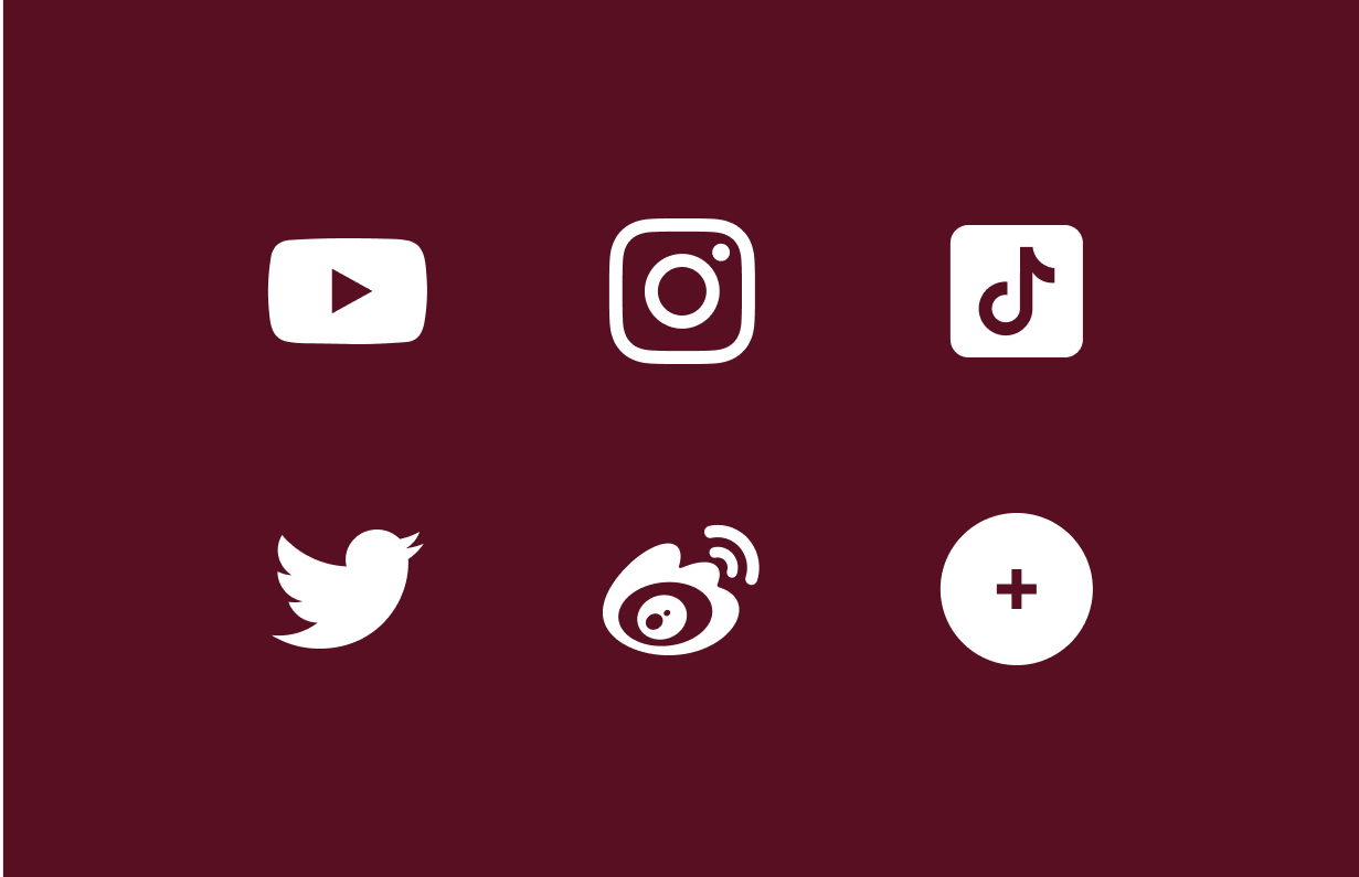 Different social media platform logos on a wine colored background. 