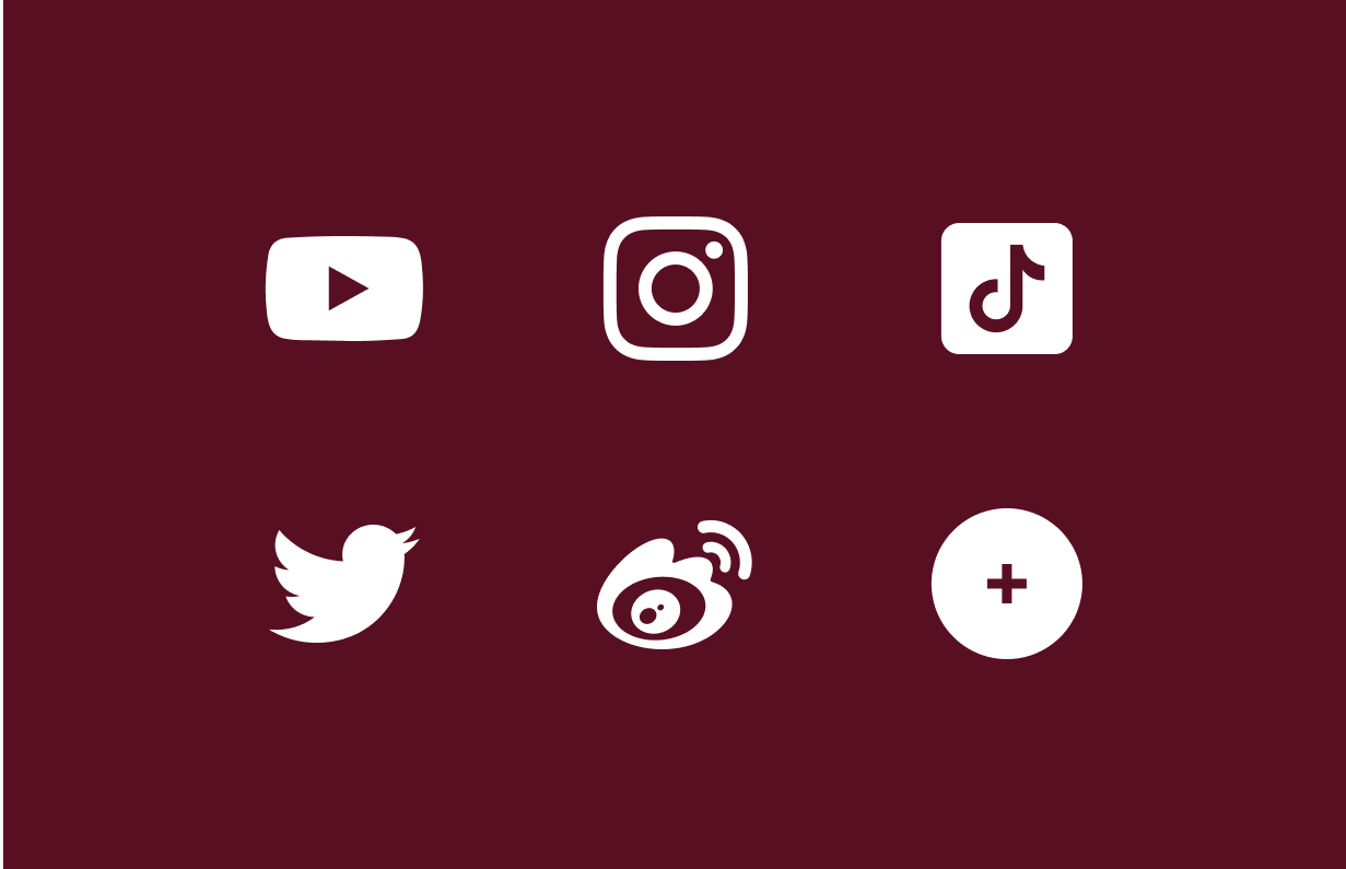 Different social media platform logos on a wine colored background.