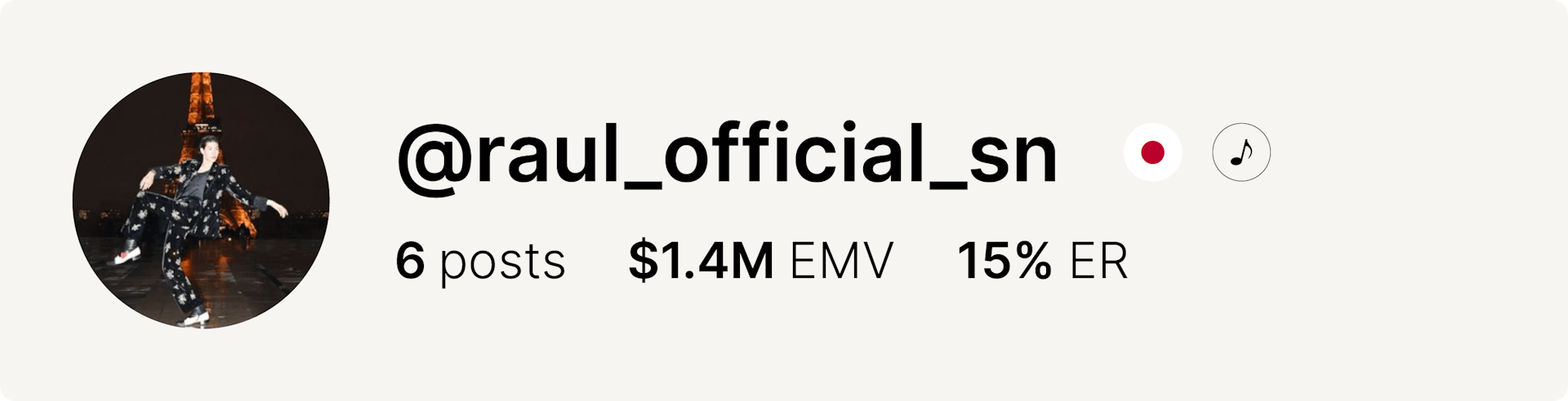 An image of musician Raul's Instagram account and statistics from the fashion week.