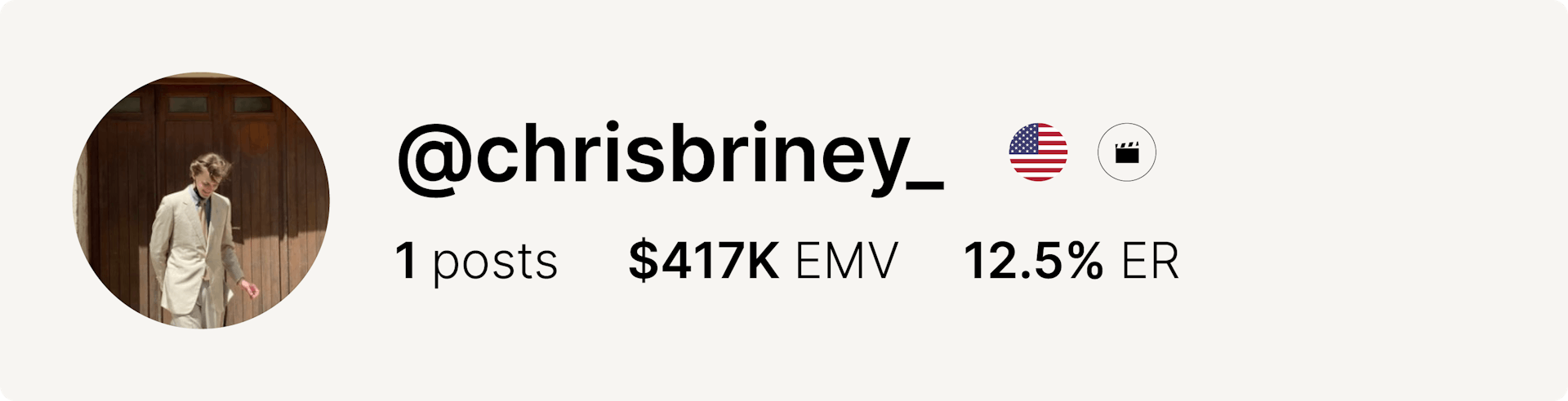An image of actor Chris Briney's Instagram account and statistics from the fashion week.