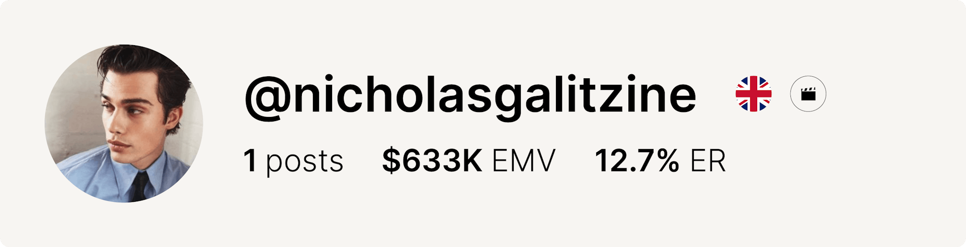 An image of actor Nicholas Galitzine's Instagram account and statistics from the fashion week.