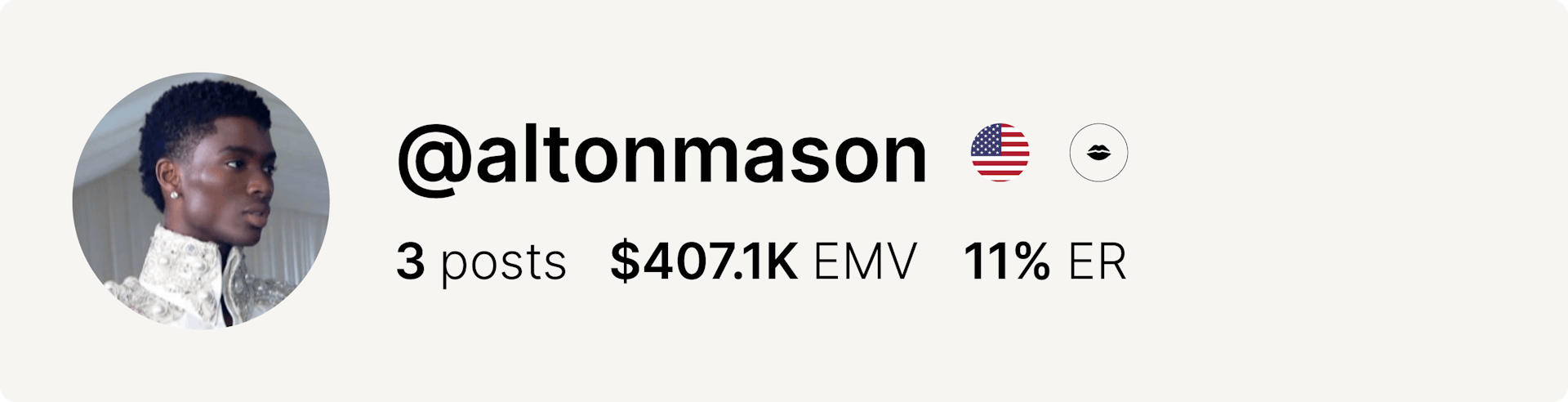 An image of Alton Mason's Instagram account and data from the fashion week.