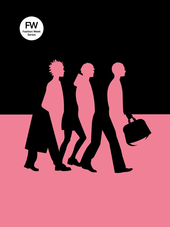 a poster with silhouettes of people walking with luggage.