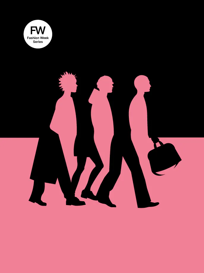 a poster with silhouettes of people walking with luggage.