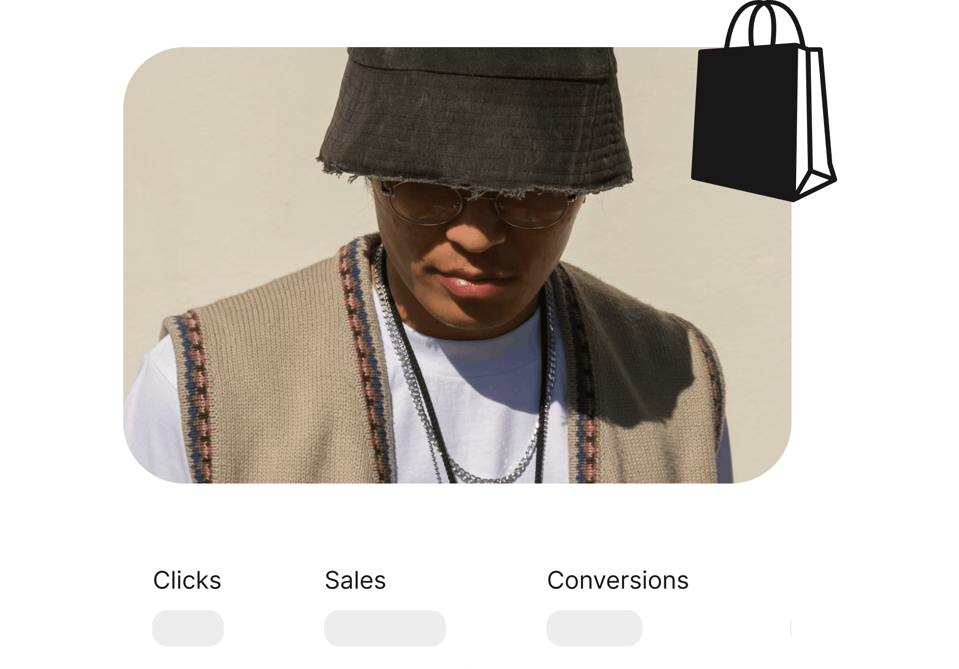 Picture of a men wearing a hat, with clicks, sales and convestions data at the bottom
