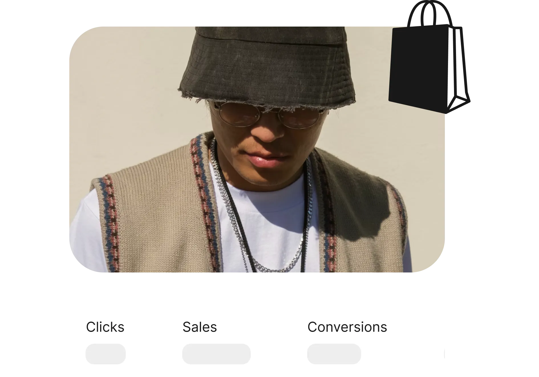 Picture of a men wearing a hat, with clicks, sales and convestions data at the bottom
