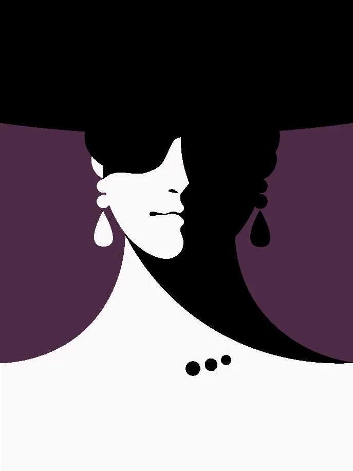a silhouette of a woman wearing a hat and earrings.